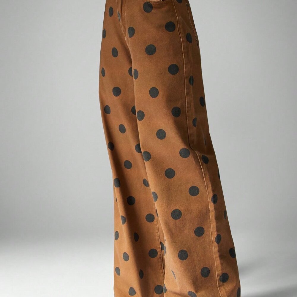 Brown High Waisted Casual Women's Wide Leg Polka Dot Jeans - Picture 5 of 7